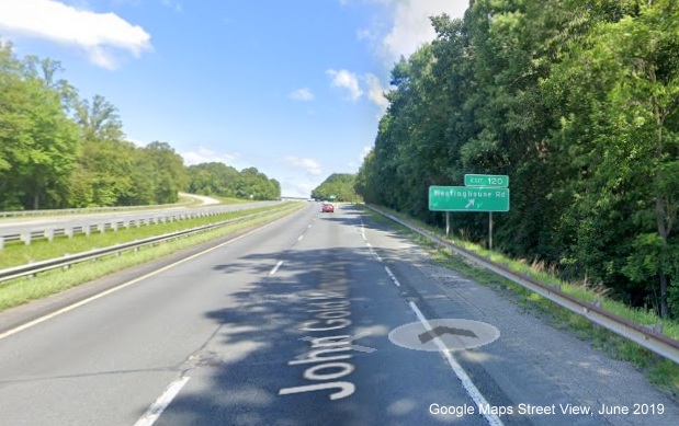 Google Maps Street View image of ramp sign for Westinghouse Road exit 
	  on US 52 North/Future I-74 West, taken in June 2019