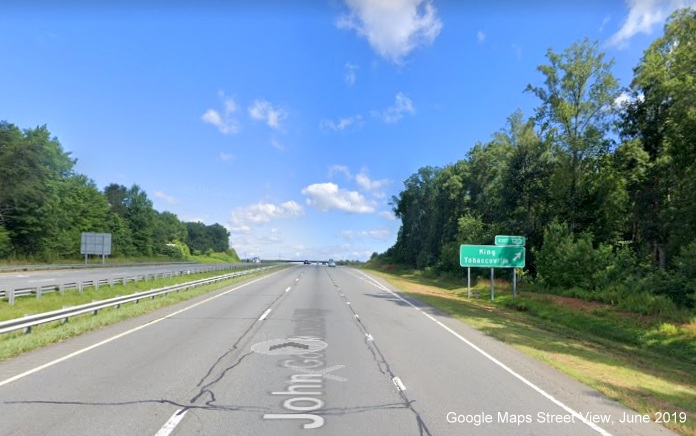 Google Maps Street View image of ground mounted ramp sign for 
	  King, Tobaccoville exit on US 52 North/Future I-74 West in King, taken in June 2019