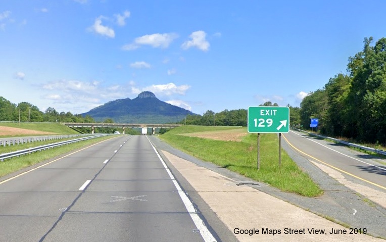 Google Maps Street View image of gore sign for Pinnacle exit on 
	  US 52 North/Future I-74 West, taken in June 2019