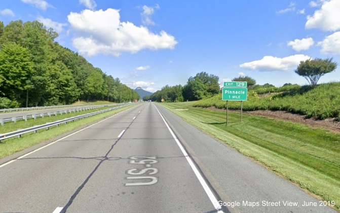 Google Maps Street View image of 1-mile advance sign for Pinnacle 
	  exit on US 52 North/Future I-74 West, taken in June 2019