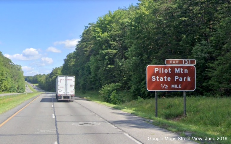 Google Maps Street View image of 1/2 mile advance sign for Pilot 
	  Mountain State Park on US 52 North/Future I-74 West in Pilot Mountain, taken in June 2019