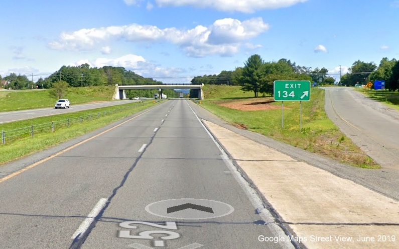 Google Maps Street View image of gore sign for NC 268 exit on US 52 
	  North/Future I-74 West in Pilot Mountain, taken in June 2019