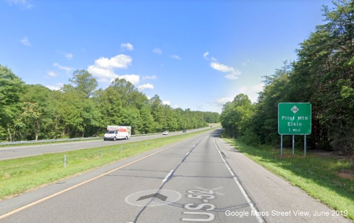 Google Maps Street View image of 1-mile advance sign for NC 268 exit 
	  without exit number tab on NC 52 North/Future I-74 West in Pilot Mountain, taken in June 2019