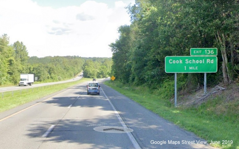 Google Maps Street View image of 1-mile advance sign for Cook School 
	  Road on US 52 North/Future I-74 West in Pilot Mountain, taken in June 2019
