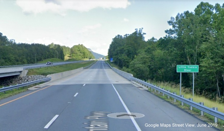 Google Maps Street View image of new bridges over the Little 
	  Yadkin River built to Interstate Standards on US 52/Future I-74 in Pinnacle, from June 2019
