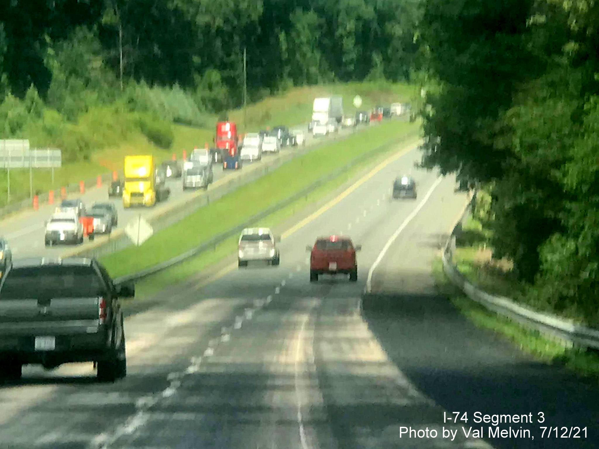Image of newly widened shoulders on US 52 North (Future I-74 West) ending at 
	  location of new bridge completion in Forsyth County, by Val Melvin, July 2021
