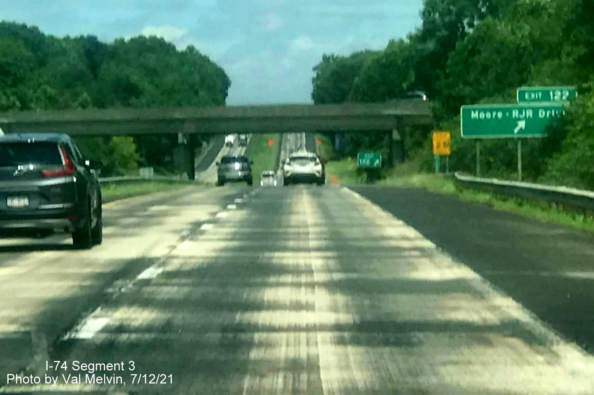 Image of newly widened shoulders on US 52 North (Future I-74 West) in Forsyth 
	  County approaching the Moore-RJR Drive exit, by Val Melvin, July 2021