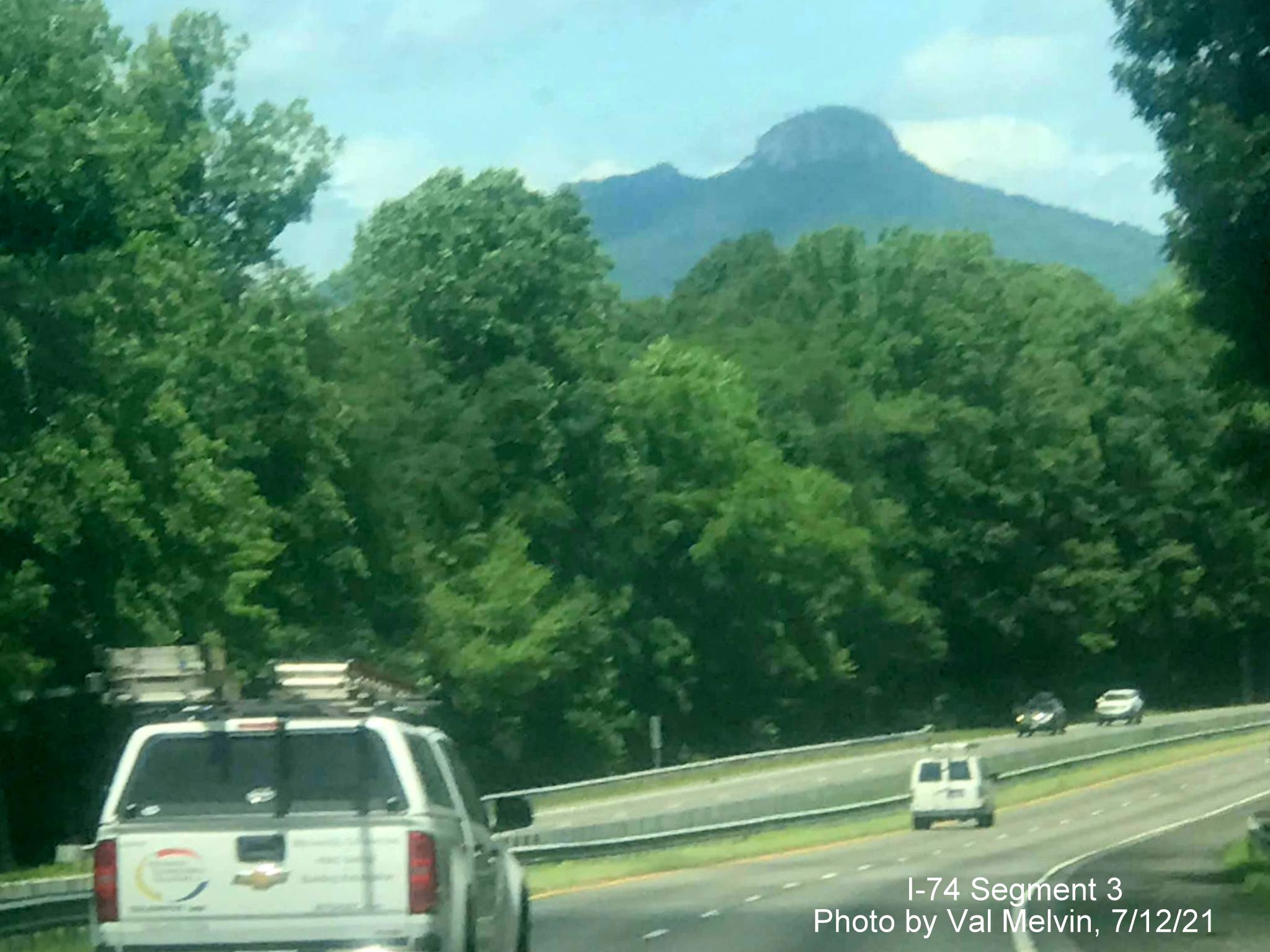 Image of Pilot Mountain as seen from US 52 North (Future I-74 West) in Stokes County, 
	  by Val Melvin, July 2021