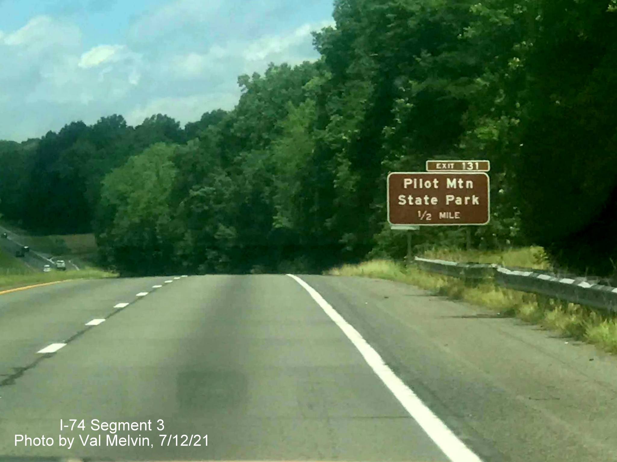 Image of 1/2 Mile advance sign for Pilot Mountain State Park exit on US 52 North 
	  (Future I-74 West) in Surry County, by Val Melvin, July 2021