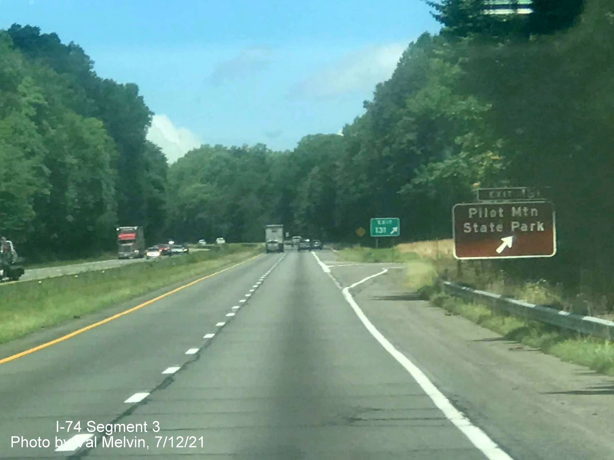 Image of ramp sign for Pilot Mountain State Park exit on US 52 North (Future I-74 West) 
	  in Surry County, by Val Melvin, July 2021