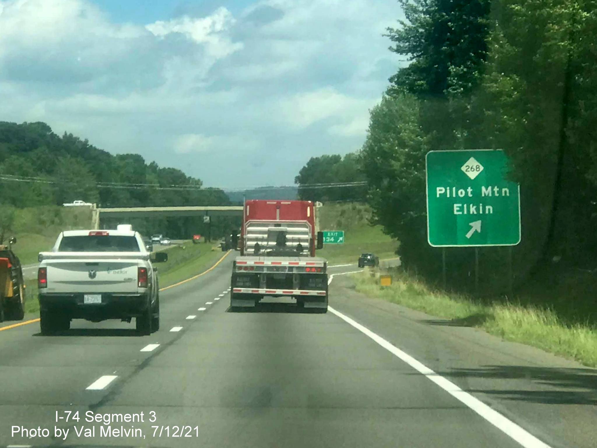 Image of ramp sign for NC 268 exit on US 52 North (Future I-74 West) without an exit tab 
      in Surry County, by Val Melvin, July 2021