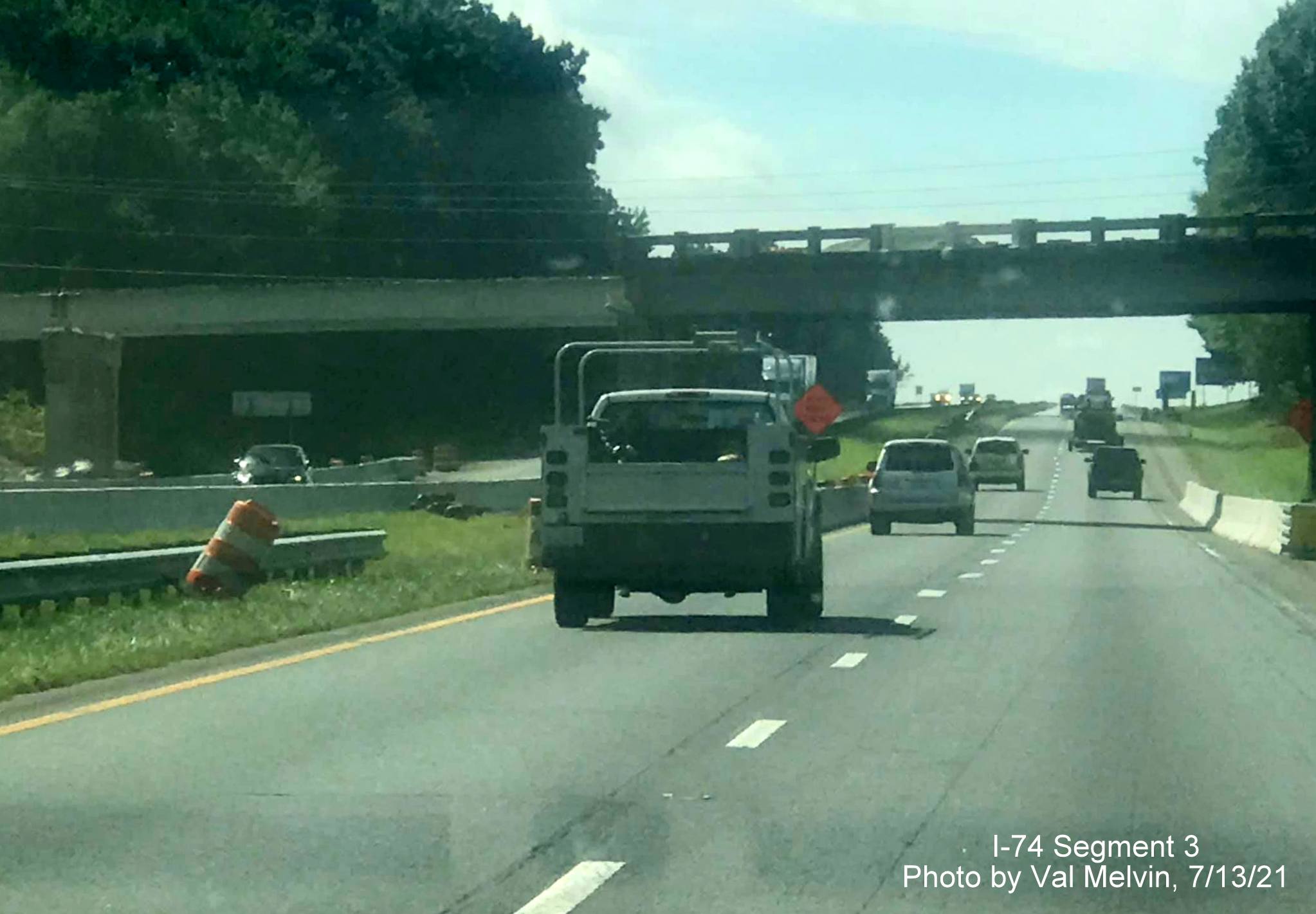 Image of bridge over US 52 (Future I-74) about to be demolished north of Moore-RJR 
	  Drive exit in Forsyth County, by Val Melvin, July 2021