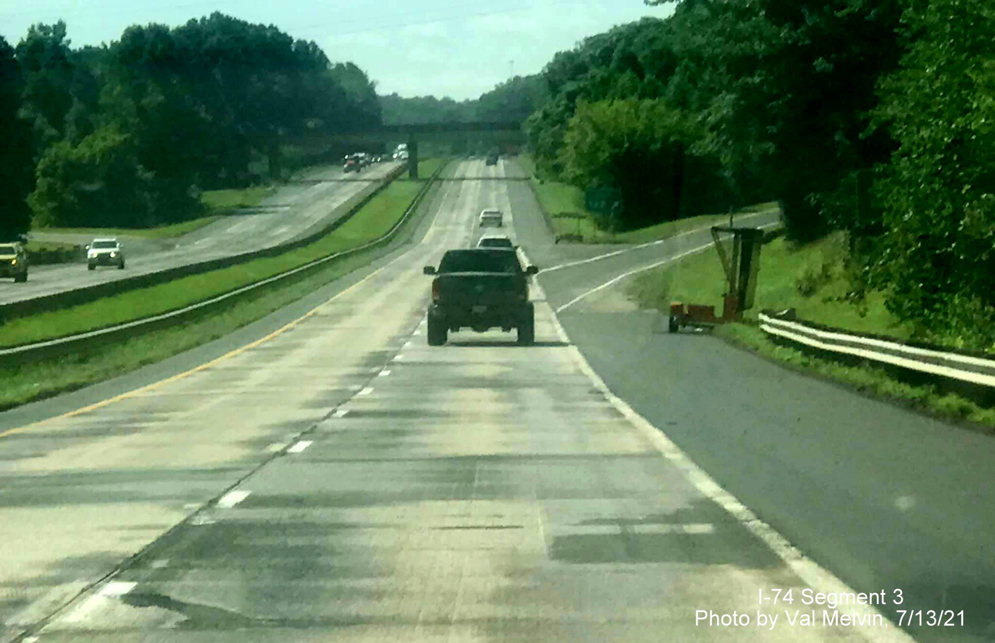 Image of US 52 South (Future I-74 East) approaching he Moore-RJR Drive exit 
	  in Forsyth County, by Val Melvin, July 2021
