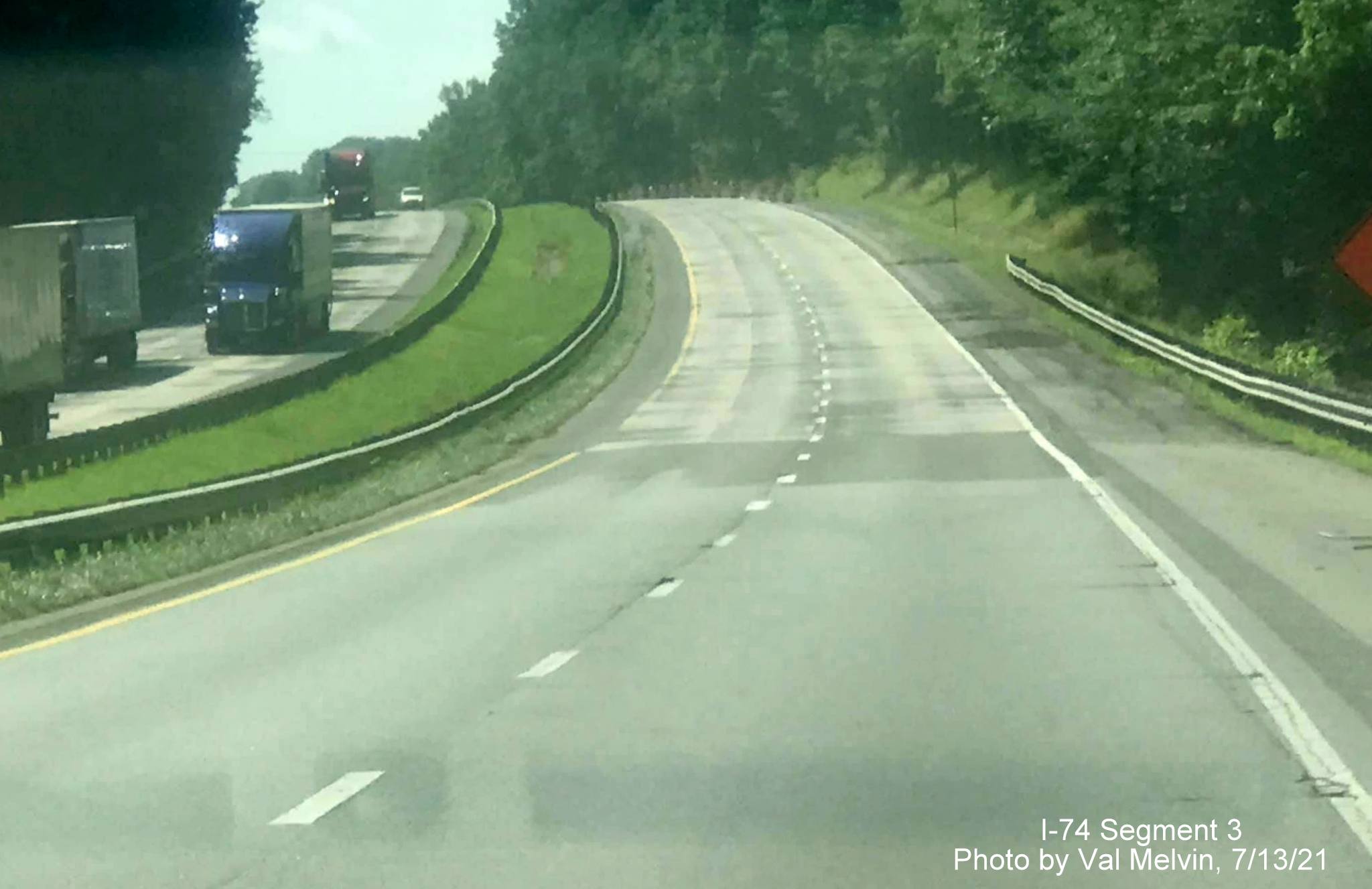 Image of widened shoulder along US 52 South (Future I-74 East) in Forsyth County 
	  approaching the Westinghouse Road exit, by Val Melvin, July 2021