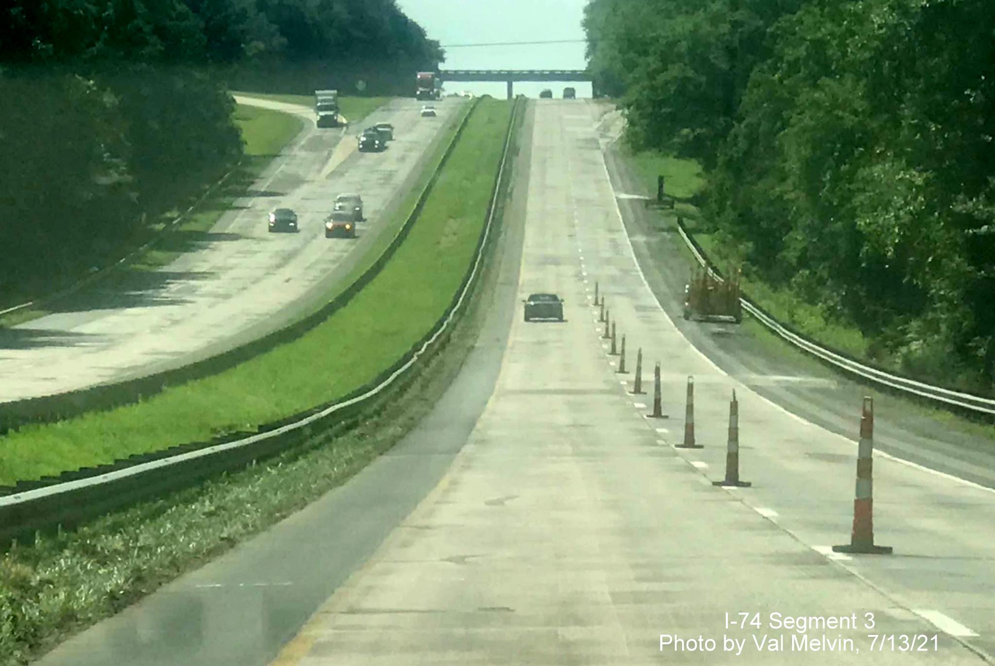 Image of shoulder construction work along US 52 South (Future I-74 East) at the 
	  Westinghouse Road exit, by Val Melvin, July 2021