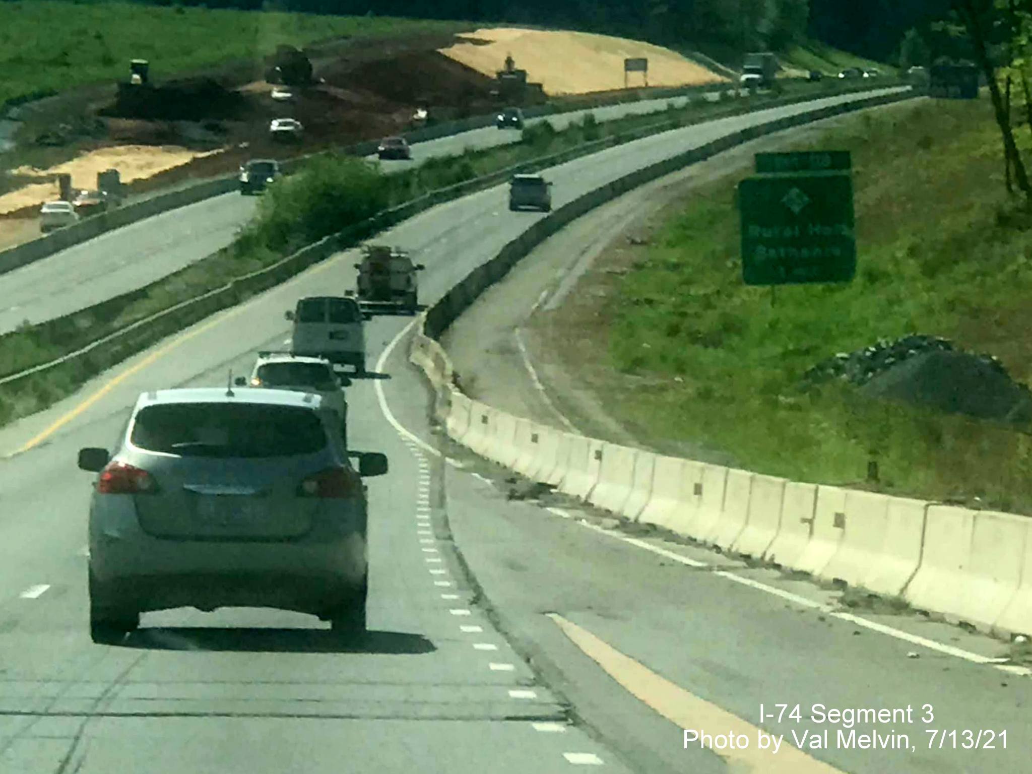 Image of US 52 South (Future I-74 East) entering future Winston-Salem Northern 
        Beltway interchange construction zone, by Val Melvin, July 2021