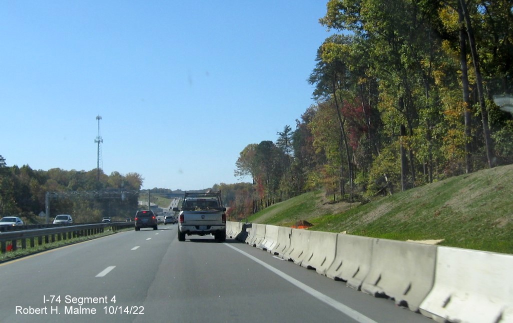 Image of construction along right lane of US 421 approaching NC 74 (Future I-74) West Winston-Salem 
        Northern Beltway exit, October 2022