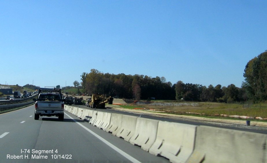 Image of construction along right lane of US 421 approaching NC 74 (Future I-74) West Winston-Salem 
        Northern Beltway exit, October 2022