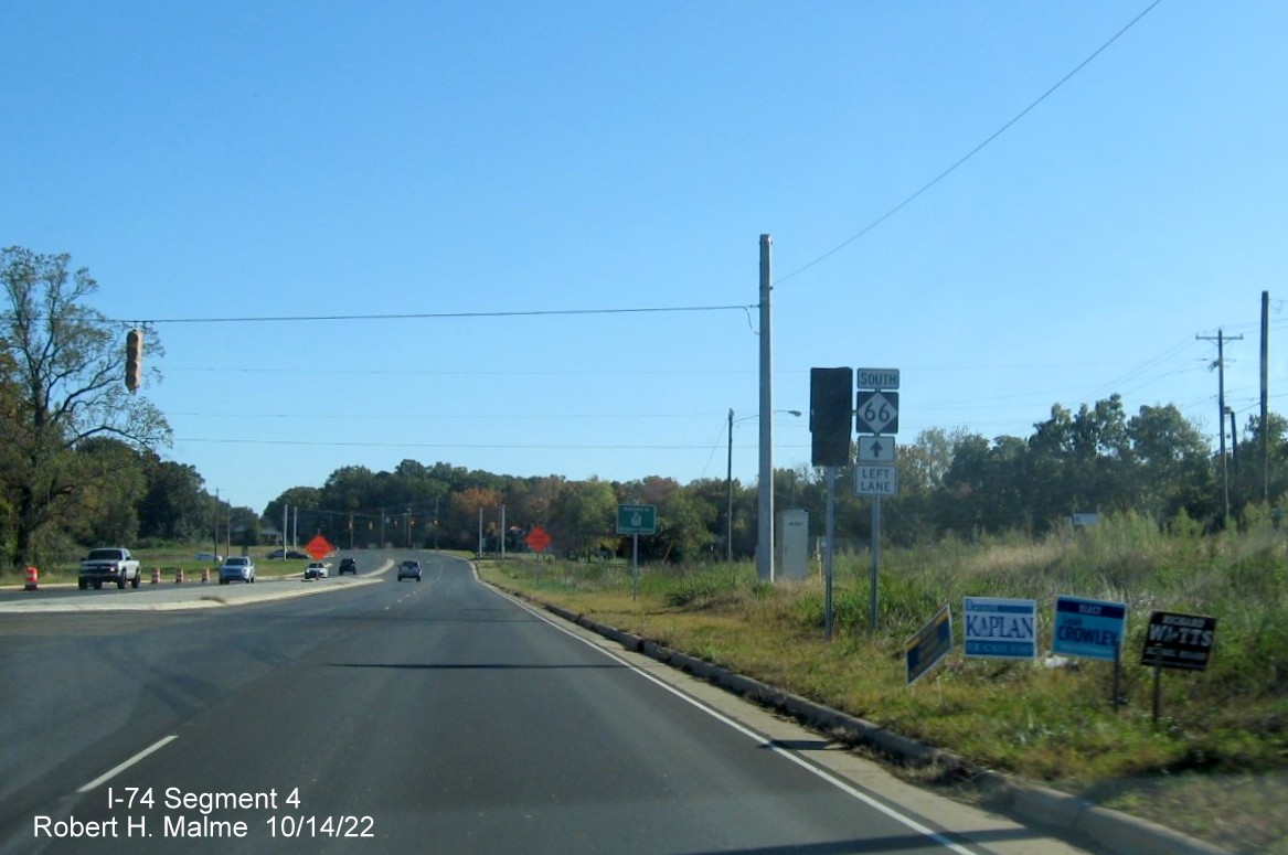 Image of covered NC 74 West trailblazer approaching future NC 74/Winston-Salem Northern Beltway on 
        NC 66/University Parkway South in Winston-Salem, October 2022
