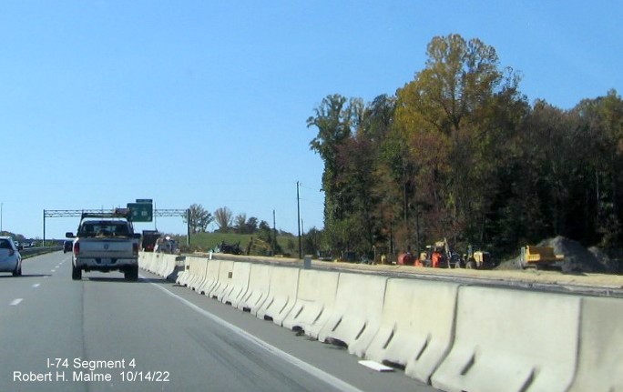 Image of construction along right lane of US 421 approaching NC 74 (Future I-74) West Winston-Salem 
        Northern Beltway exit, October 2022