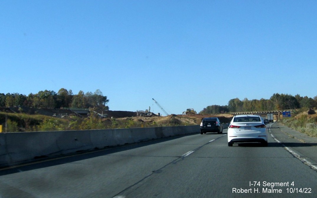 Image of new US 52 North lanes under construction as seen from current lanes in Winston-Salem 
          Northern Beltway interchange construction zone, October 2022