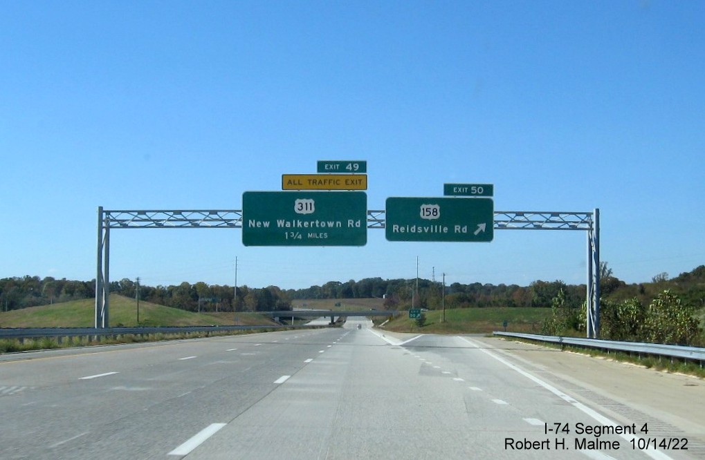 Image of overhead ramp sign for US 158 exit on NC 74 (Future I-74) West Winston-Salem Northern Beltway, October 2022