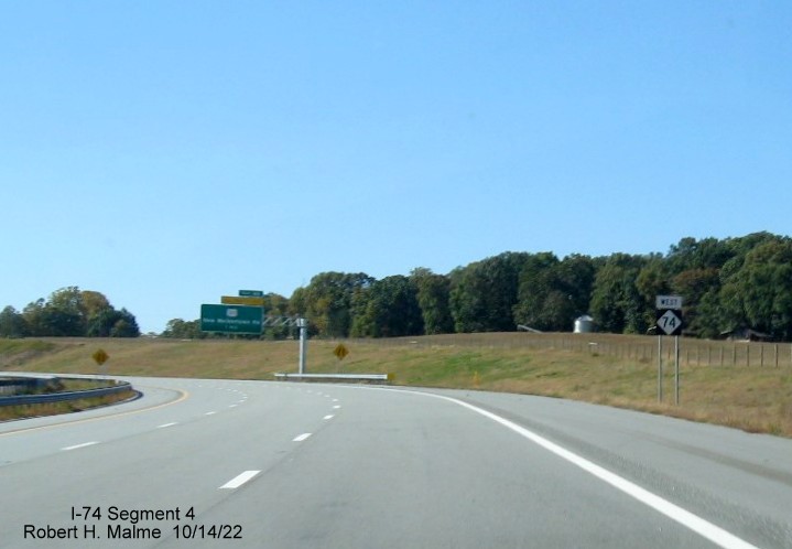 Image of West NC 74 reassurance marker on Winston-Salem Northern Beltway after US 158 exit, October 2022