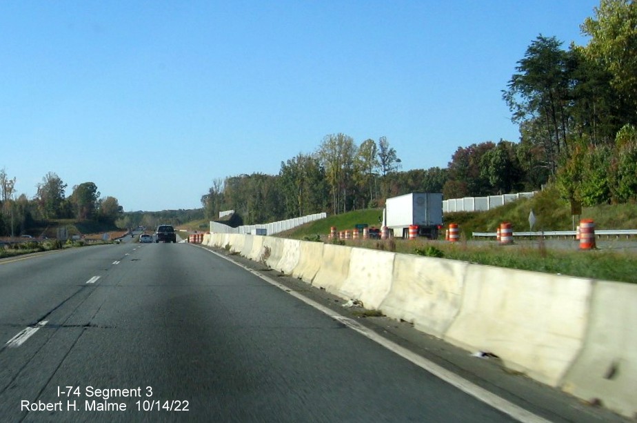 Image of US 52 North lanes at the NC 65 exit after the future 
       merge with traffic from I-74 West/Winston-Salem Northern Beltway interchange in Rural Hall, October 2022