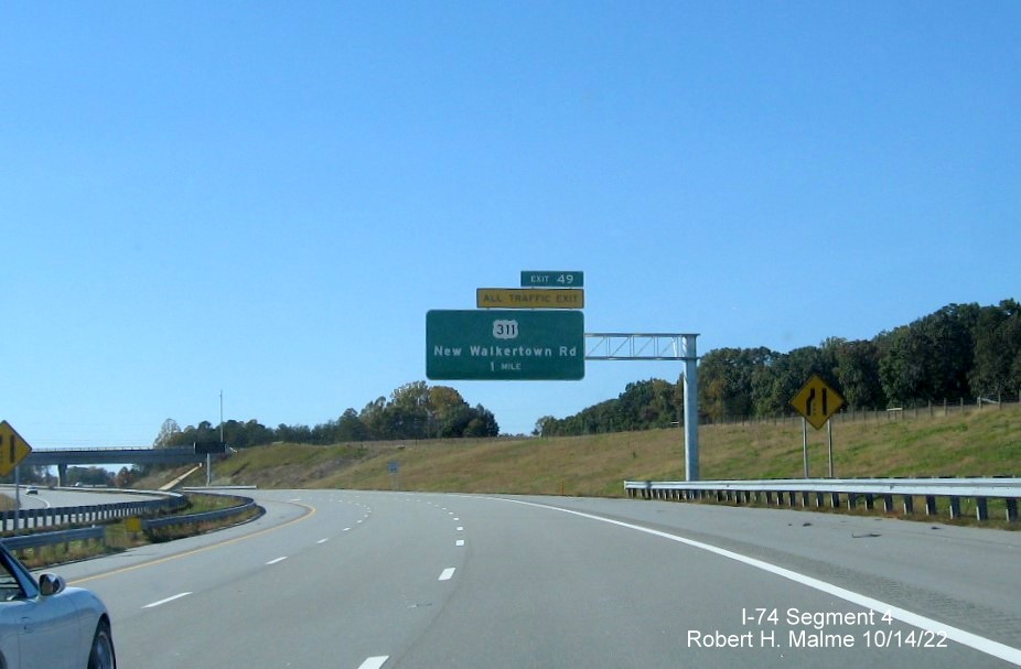 Image of 1 Mile advance overhead sign on NC 74 (Future I-74) West Winston-Salem Northern Beltway, October 2022