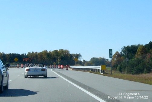 Image of West NC 74 (Future I-74) Mile 50 marker on Winston-Salem Northern Beltway prior to US 311 exit, October 2022