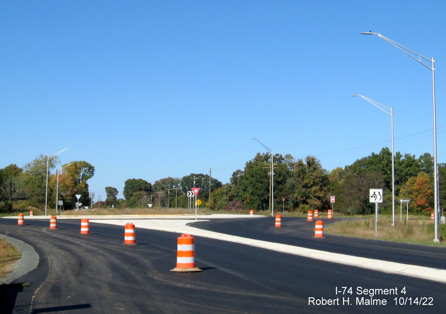 Image of newly opened roundabout along NC 8 for future NC 74 West/Winston-Salem Northern
          Beltway ramp, October 2022