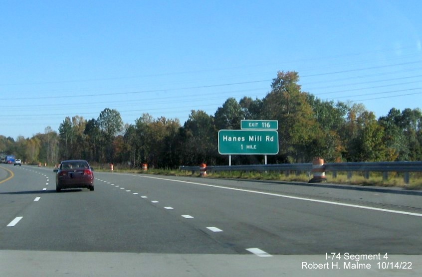 Image of 1 mile advance sign for Hanes Mill Road exit on US 52 South after future ramp from I-74 West/Winston-Salem 
          Northern Beltway in Rural Hall, October 2022