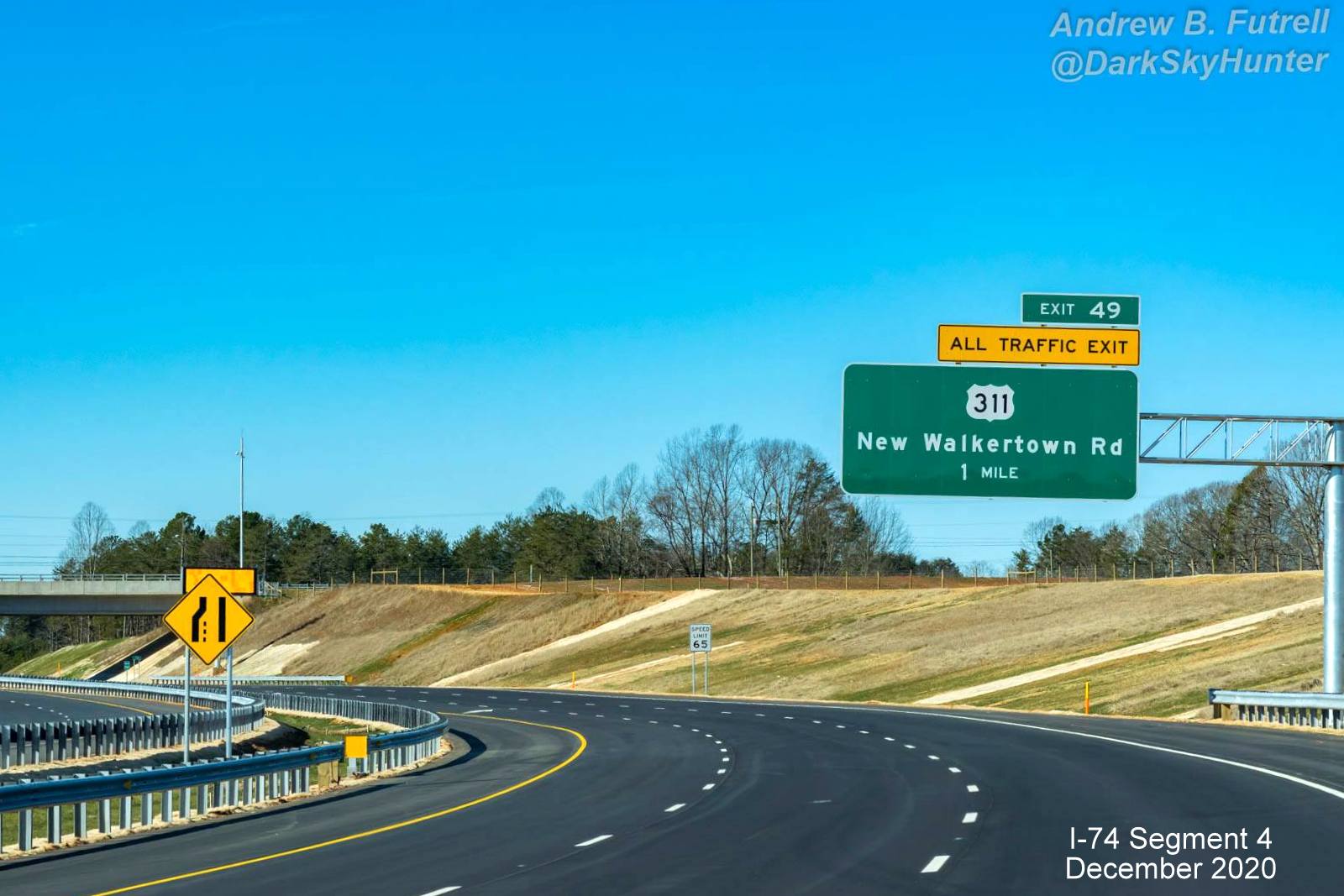 Image of 1-Mile advance sign for US 311 exit on newly opened section of NC 74 (Future I-74) West Winston-Salem Northern 
        Beltway, by Andrew F. Futrell, December 2020