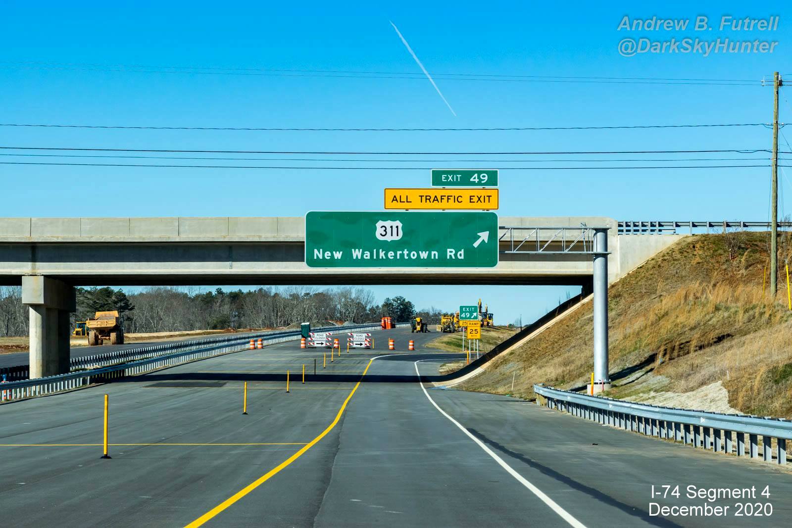 Image of overhead sign at current end of newly opened section of NC 74 (Future I-74) West Winston-Salem Northern 
        Beltway, by Andrew F. Futrell, December 2020