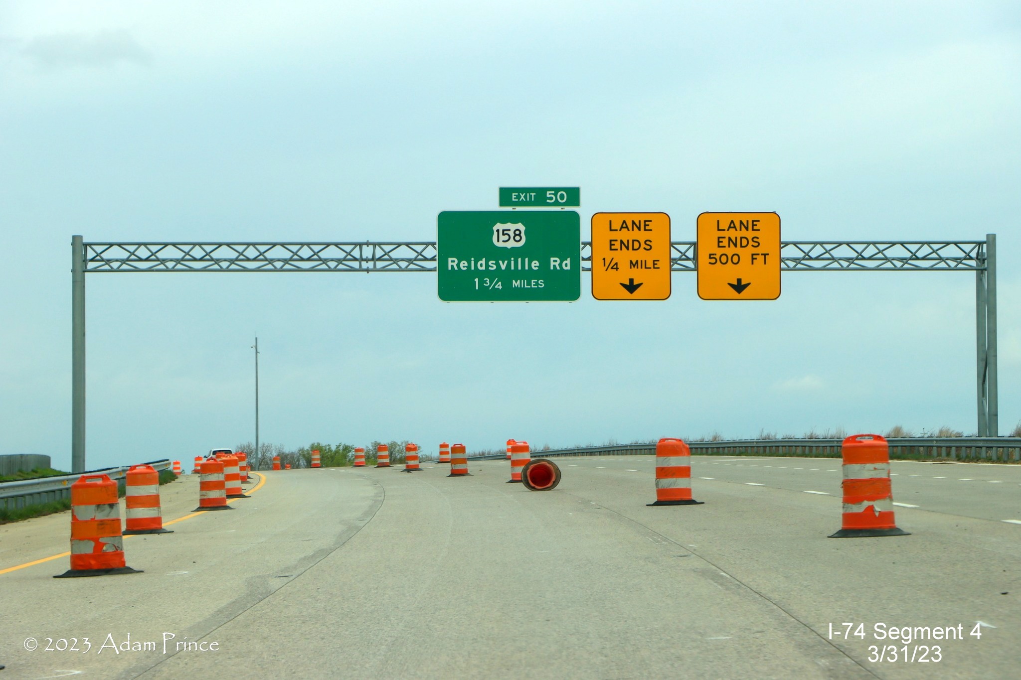 Image of lane restrictions along NC 74 (Future I-74) West/Winston-Salem Northern Beltway 
        after US 421 exit, Adam Prince, March 2023