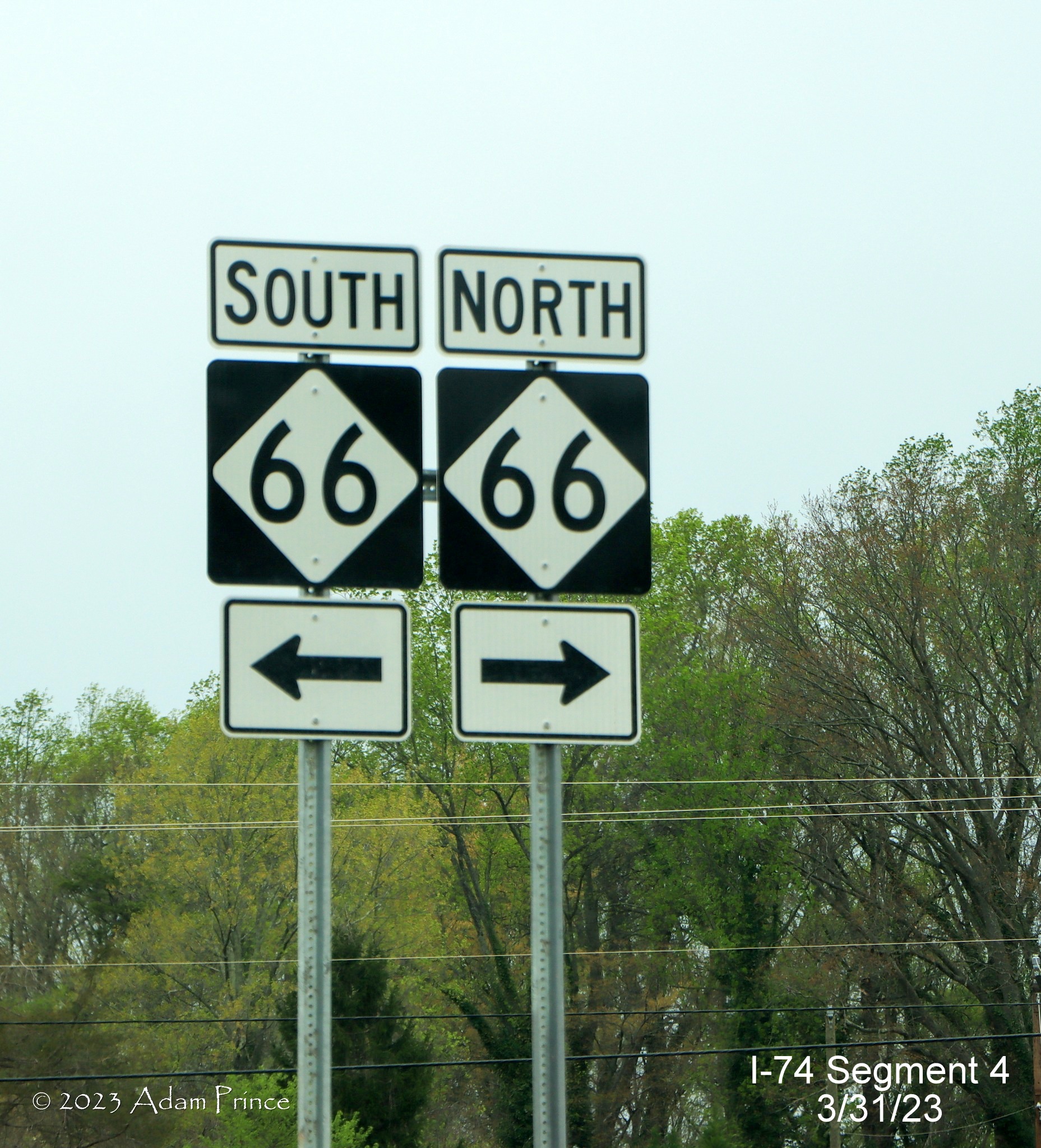 Image of a pair of NC 66 trailblazers at the end of NC 74 (Future I-74) West/Winston-Salem 
        Northern Beltway along the offramp, Adam Prince, March 2023