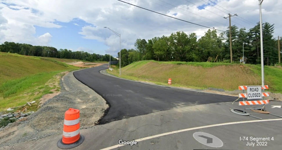 Image of future on-ramp from southern roundabout to unopened Winston-Salem Northern 
          Beltway ramp to NC 74 (Future I-74) East, Google Maps Street View, July 2022