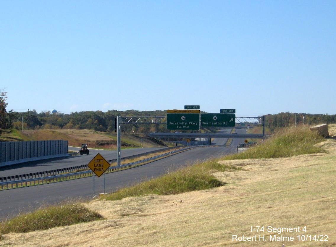 Image of overhead signage at future exit ramp for NC 8 on NC 74 (Future I-74) West Winston-Salem Northern Beltway, October 2022