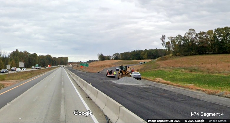Image of paved future ramp to I-74 East/Winston-Salem Northern Beltway from I-40 East 
        in Forsyth County, Google Maps Street View, October 2023