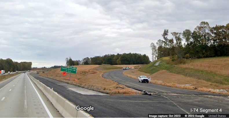 Image of paved future ramp to I-74 East/Winston-Salem Northern Beltway from I-40 East 
        in Forsyth County, Google Maps Street View, October 2023