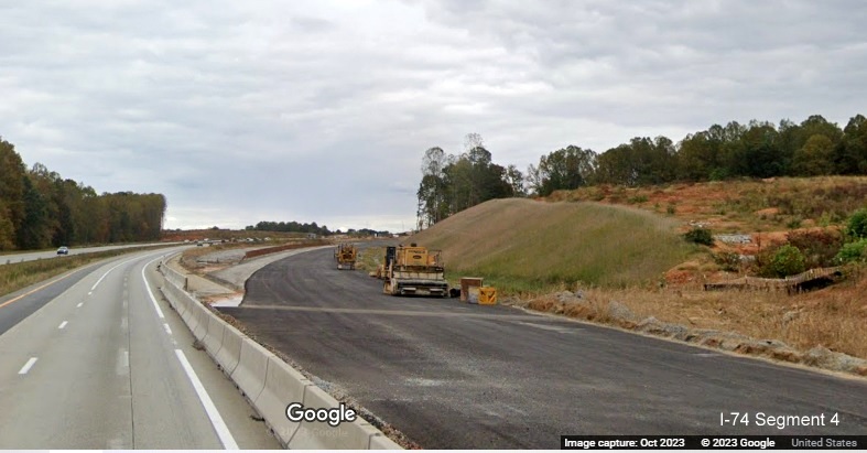 Image of paved future ramp to I-74 West/Winston-Salem Northern Beltway from I-40 East 
        in Forsyth County, Google Maps Street View, October 2023