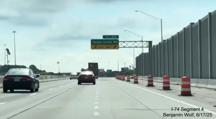 Image of traffic on I-40 East approaching the Union Cross Road exit at the end of
	  the I-74 / Winston-Salem Northern Beltway interchange work zone, screen grab from Benjamin Wolf video, June 2025