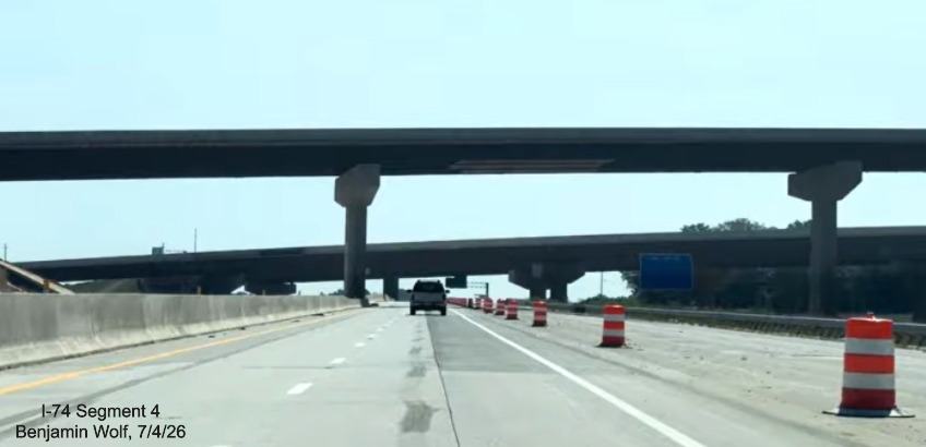 Image of I-40 East roadway approaching I-74/Winston-Salem Northern Beltway
	 flyover ramps, near completion, screen grab from Benjamin Wolf video, July 4, 2026