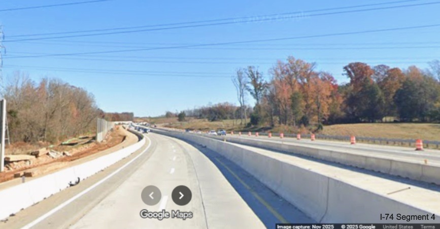 Image looking back along future I-40 West lanes at sections of noise
wall under construction in I-74 Winston-Salem Northern Beltway interchange construction zone, Google Maps Street View,
November 2025