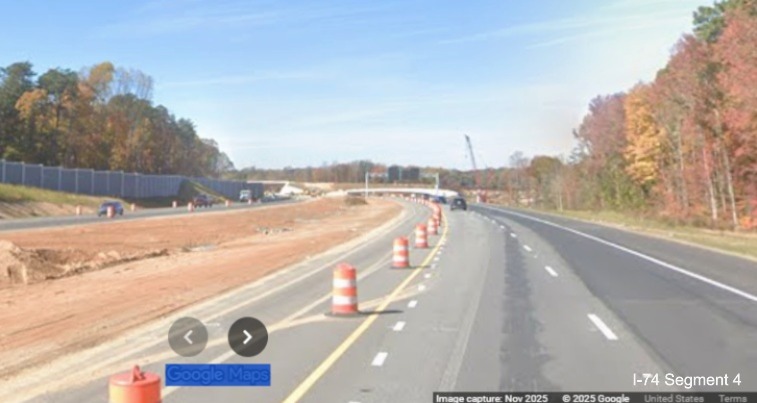 Image of median work continuing as seen from I-74 West in work zone for
Winston-Salem Northern Beltway interchange after the Union Cross Road exit, Google Maps Street View, November 2025