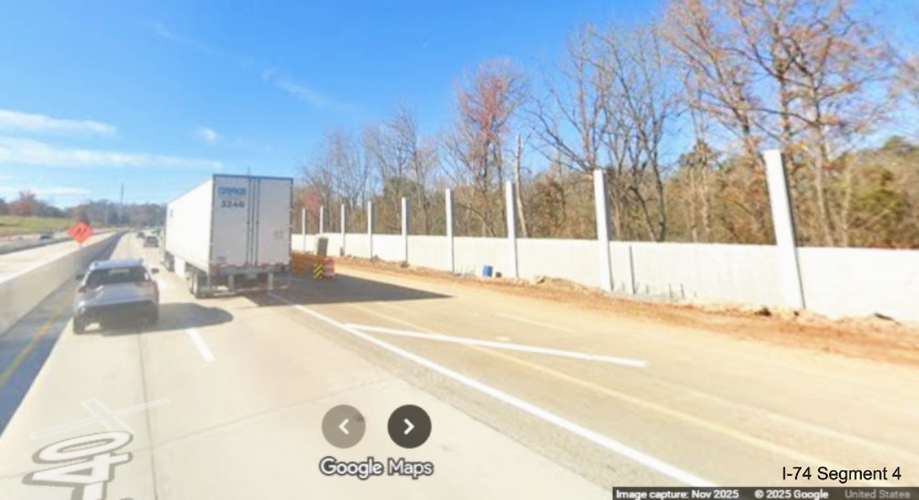 Image of noise wall still under construction along future I-40 West lanes in I-74
Winston-Salem Northern Beltway interchange construction zone, Google Maps Street View, November 2025