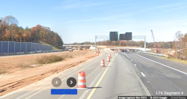 Image of median work continuing as seen from I-74 West in work zone for
Winston-Salem Northern Beltway interchange approaching the future NC 192 exit, Google Maps Street View, November 2025