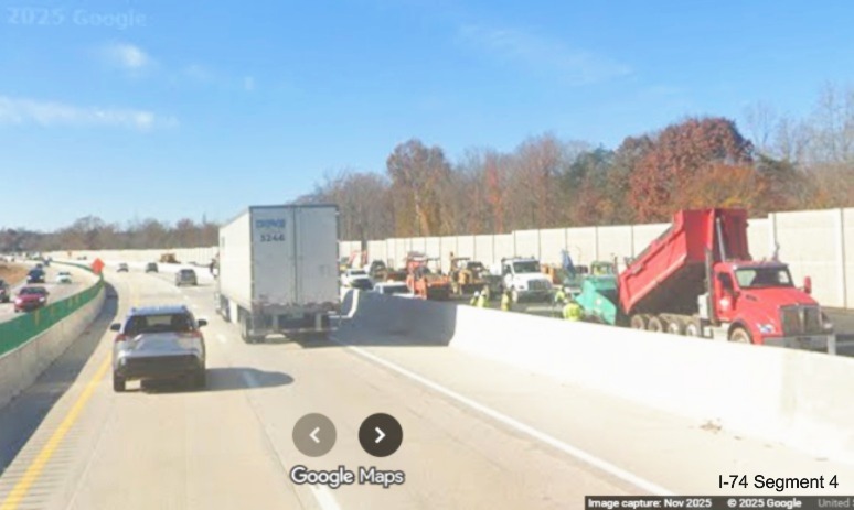Image of vehicles in future I-40 West lanes passing completed section of noise
wall in I-74 Winston-Salem Northern Beltway interchange construction zone, Google Maps Street View, November 2025