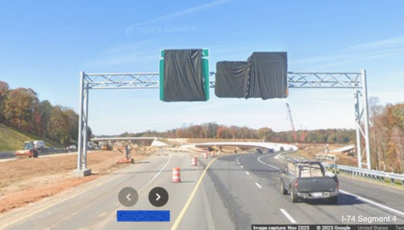 Image of covered up future overhead signage for I-40 and NC 192 exits on I-74
West in work zone for Winston-Salem Northern Beltway interchange after the Union Cross Road exit, Google Maps Street View, November 2025