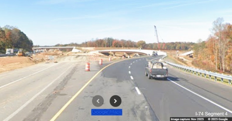 Image of current I-74 West traffic entering future ramp to NC 192 West in work
zone for Winston-Salem Northern Beltway interchange, Google Maps Street View, November 2025